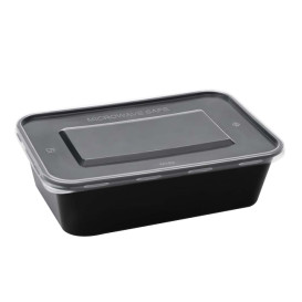 Plastic Bakje Rechthoek Zwart van PP met Deksel 500ml 17,3x11,9cm (50 Stuks)